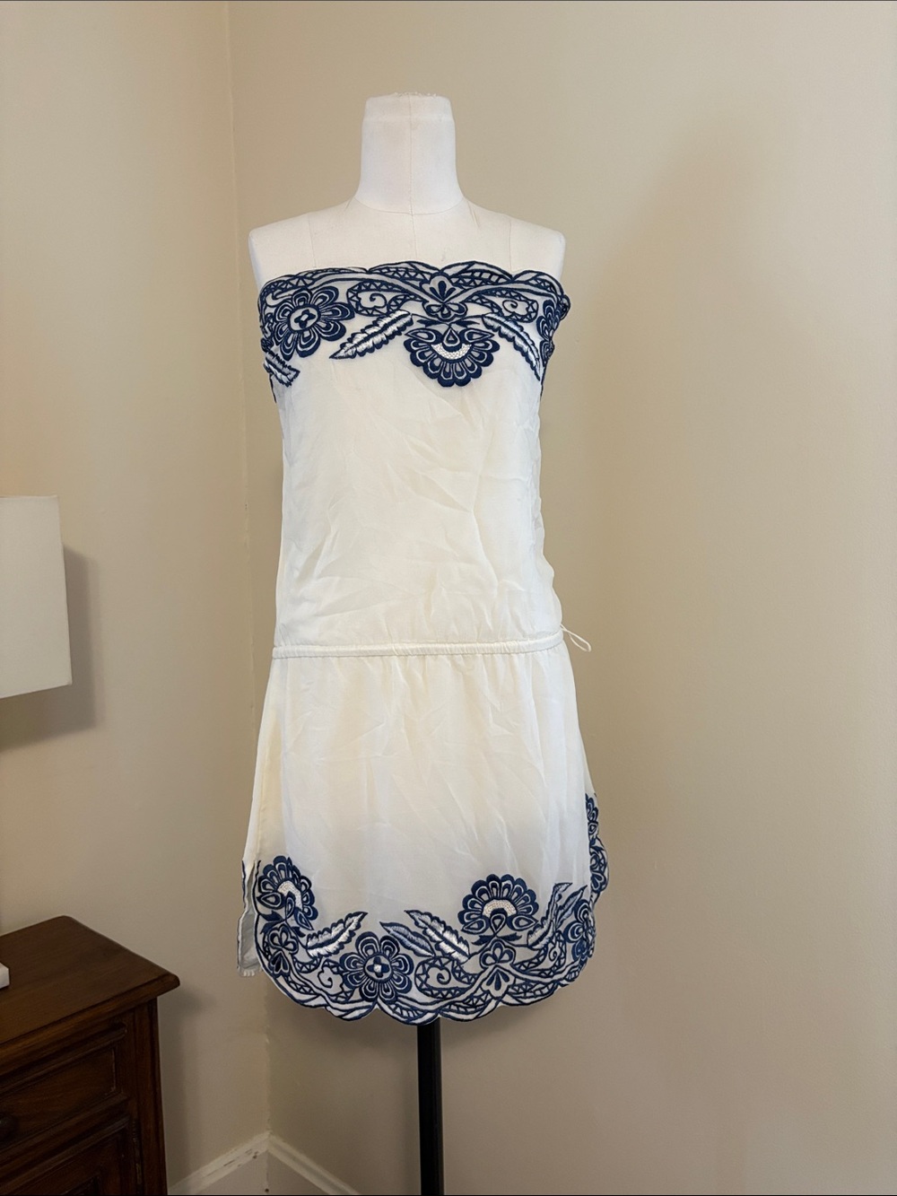 Strapless White Dress with Navy Embroidered Trim